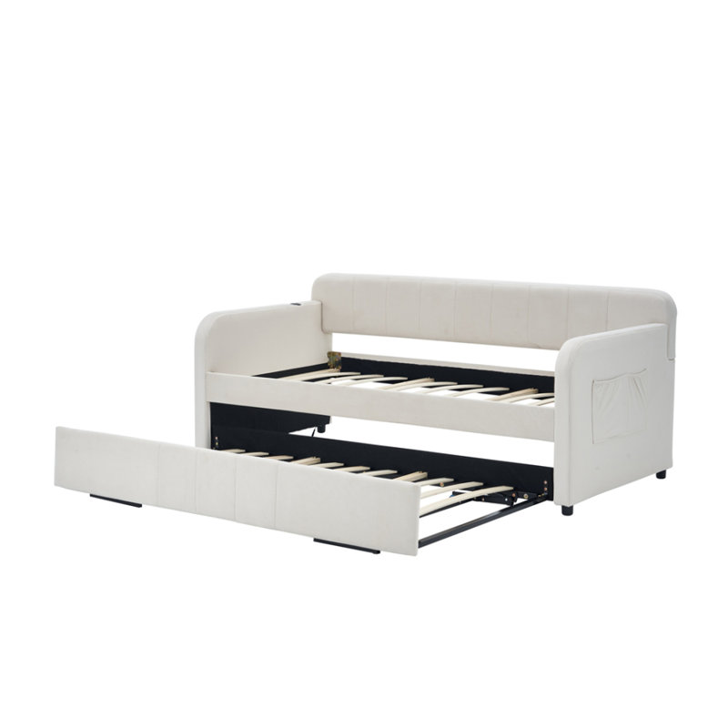 Velvet Upholstered Daybed Frame with Trundle for Bedroom Living Room Guest Room, Beige