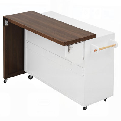 Extendable Kitchen Island with Dining Table, Trash Storage, and Mobile Wheels for Versatile Use and Efficient Organization