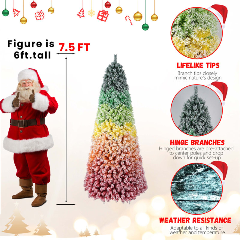 Arbre de Noël artificiel avec finition floquée, conception à charnières, support robuste et conseils abondants pour la décoration des Fêtes