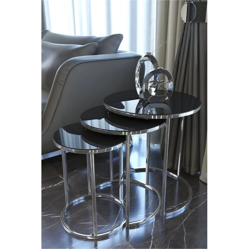 Ensemble de 4 tables basses gigognes Ceylin, Noir, Argent