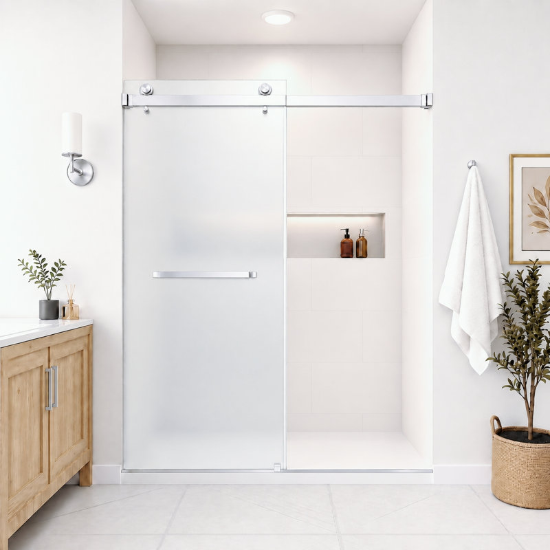 Porte de douche coulissante double sans cadre Catalyst 56"-61" L x 76" H, chromée, avec verre dépoli de 3/8" (10 mm).