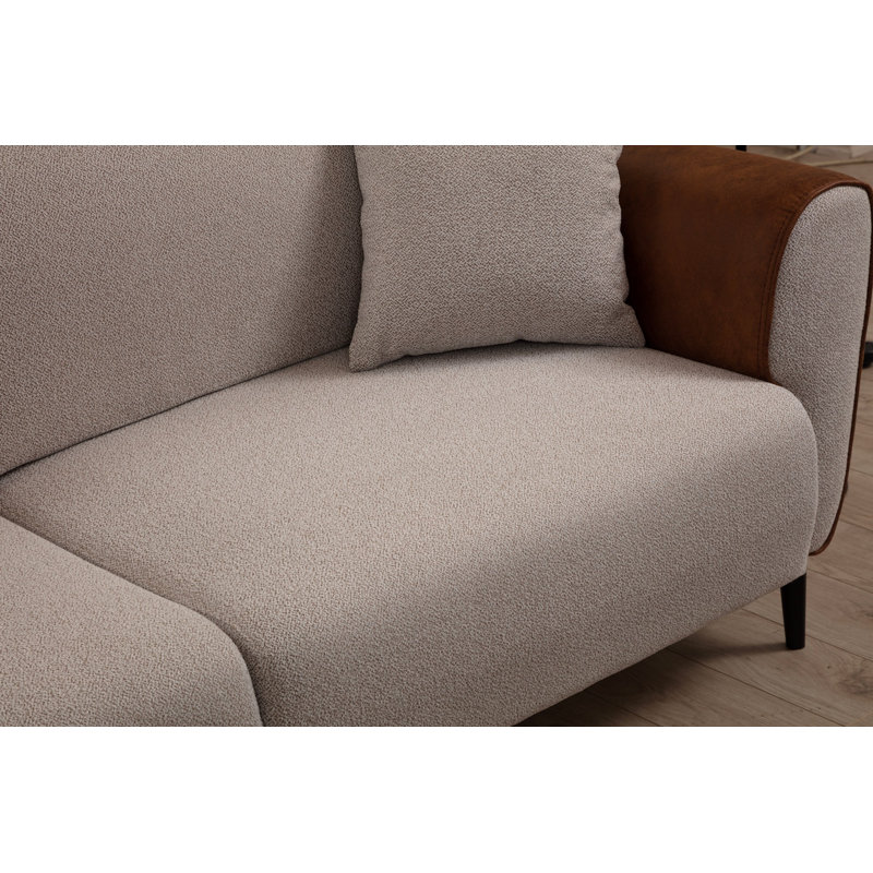 Elegant 3-Seat Sofa-Bed, Beech Wood Frame, 84.6 x 33.5 x 33.5 inches | 100% Polyester Fabric in Beige & Cinnamon | Soft Foam & Feather Cushions | Turnable Back Mechanism | Easy Care: Dry-Cleanable & Wipeable
