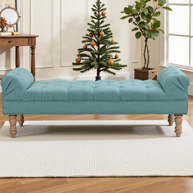 Banc rembourré capitonné à accoudoirs roulés Vesto, Bleu sarcelle vieilli