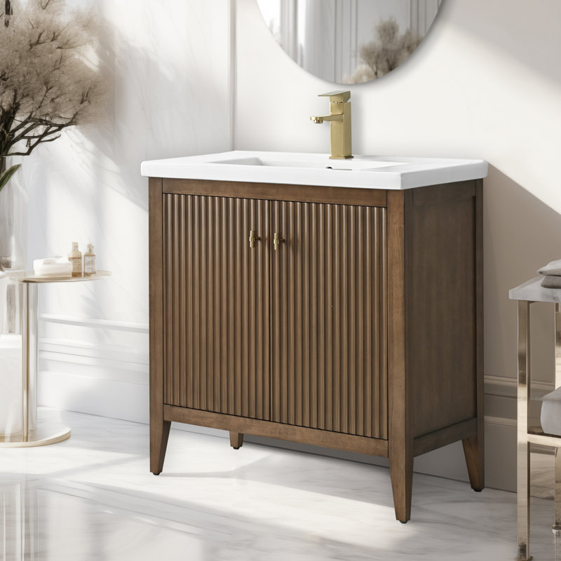Laval 30" Single Sink Freestanding Bathroom Vanity with White Ceramic Top, Linear Walnut, Golden Brushed, 30"