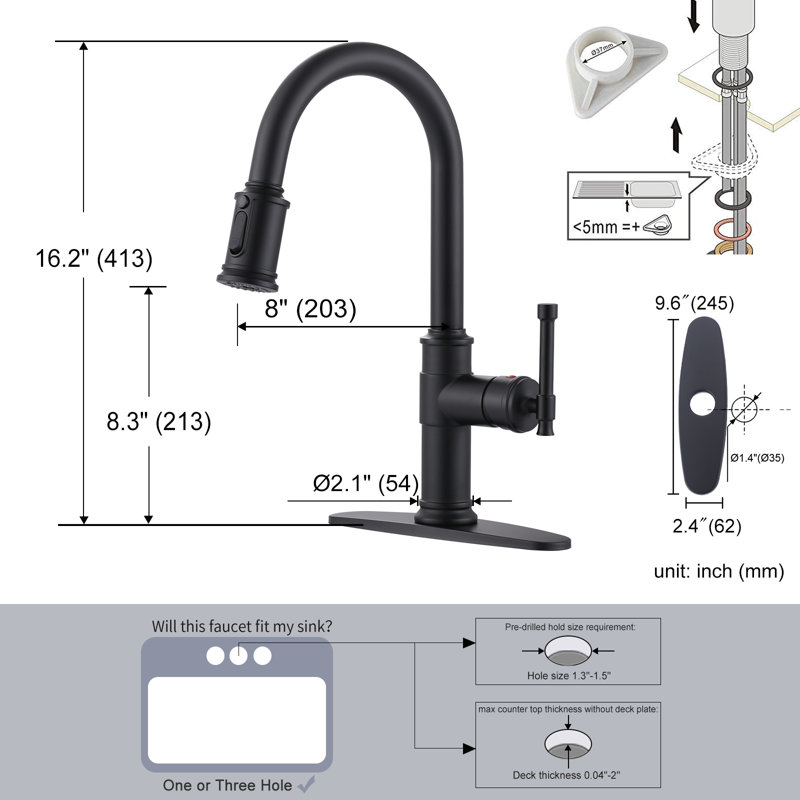 Single Handle Pull Down Sprayer Kitchen Faucet With 3-Spray Modes In Spot Free Stainless Steel, Matte Black