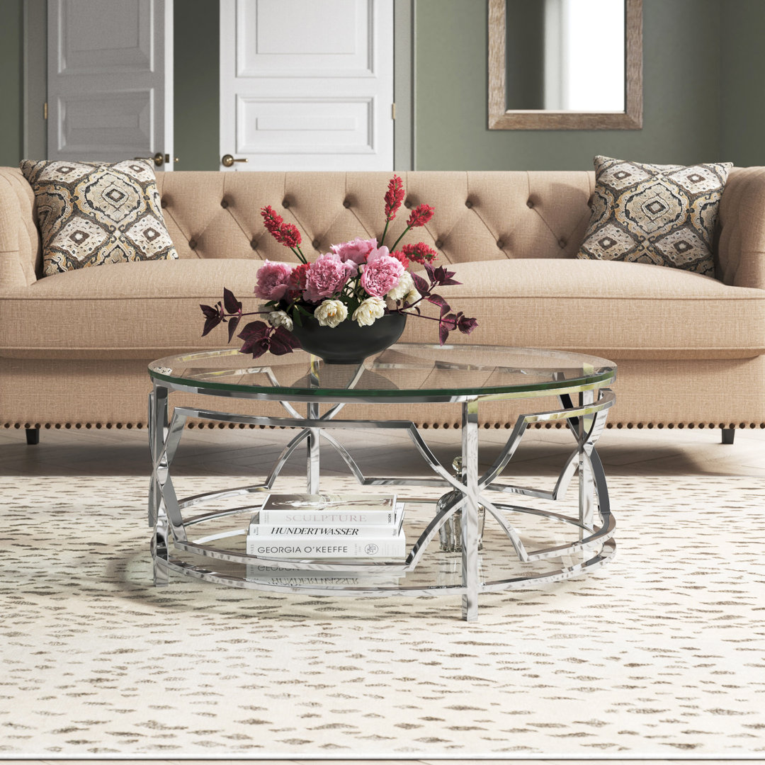 Pangea Home Edward Floor Shelf Round Coffee Table with Storage - Modern Round Coffee Table – Tempered Glass Top with Steel Frame for Living Room Everly Quinn Table Base 