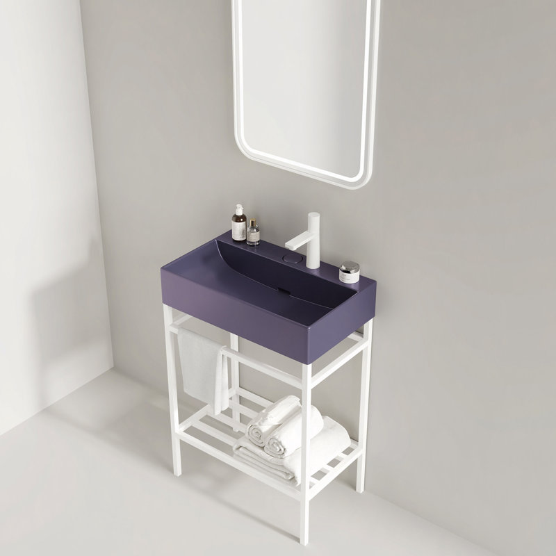 Meuble-lavabo de 24 po avec lavabo en céramique, ensemble de lavabo console sur pied, lavabo rectangulaire en céramique mauve brillant sans robinet, pieds en métal ouverts, tablettes de rangement