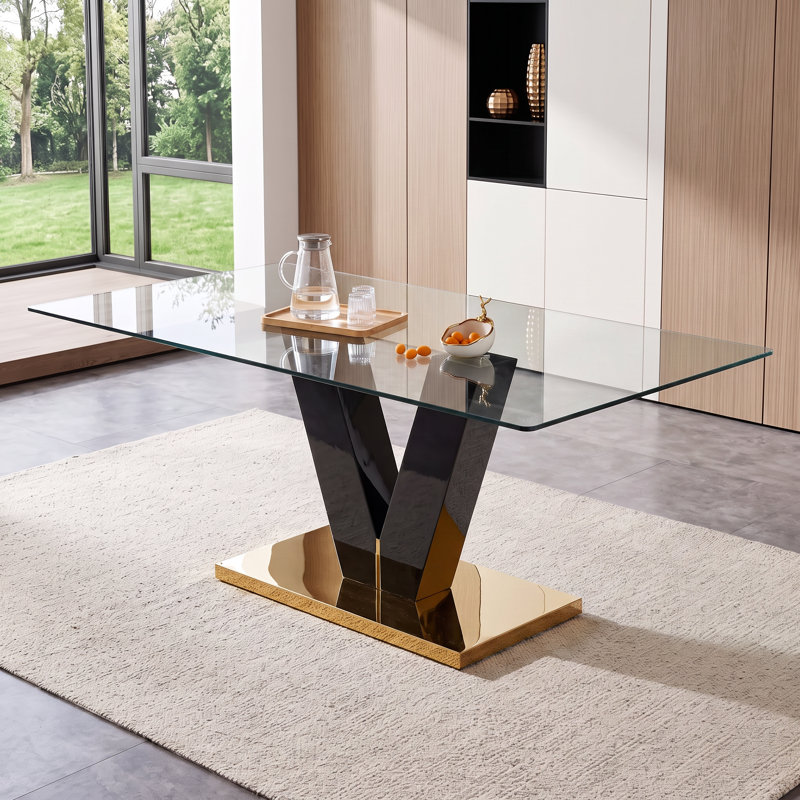 Table de salle à manger rectangulaire moderne en verre trempé de 71 po avec piédestal en forme de V