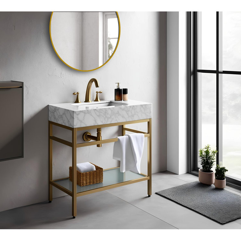 30" Natural Carrara Marble  Bathroom Vanity with Sink, Gold, 30"