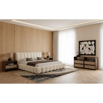 Commings - Modern Off-white Fabric + Burlap + Walnut 4-piece Bedroom Set