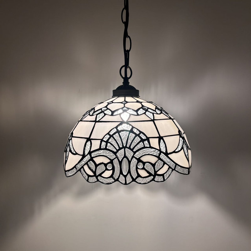 White Stained Glass Bronze LED Pendant Light, 60" Height
