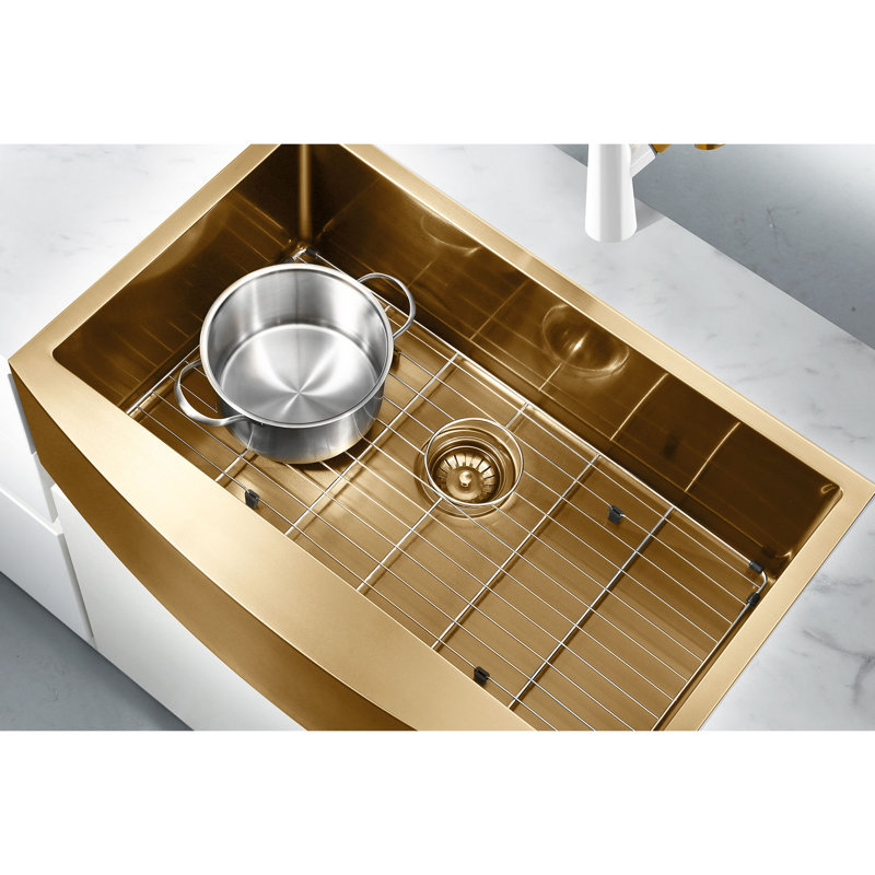 Évier à tablier frontal 33 po HIGOLD, évier de ferme à cuve profonde, acier inoxydable PVD or, 33 po x 20 po x 10 po, Doré