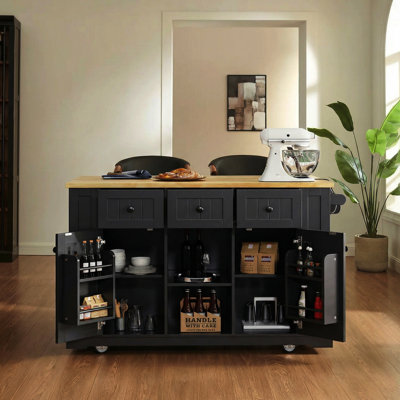 Large Kitchen Island With Rubber Wood Drop Leaf - Embossed Texture Rolling Kitchen Cart On 5 Wheels With Ample Storage