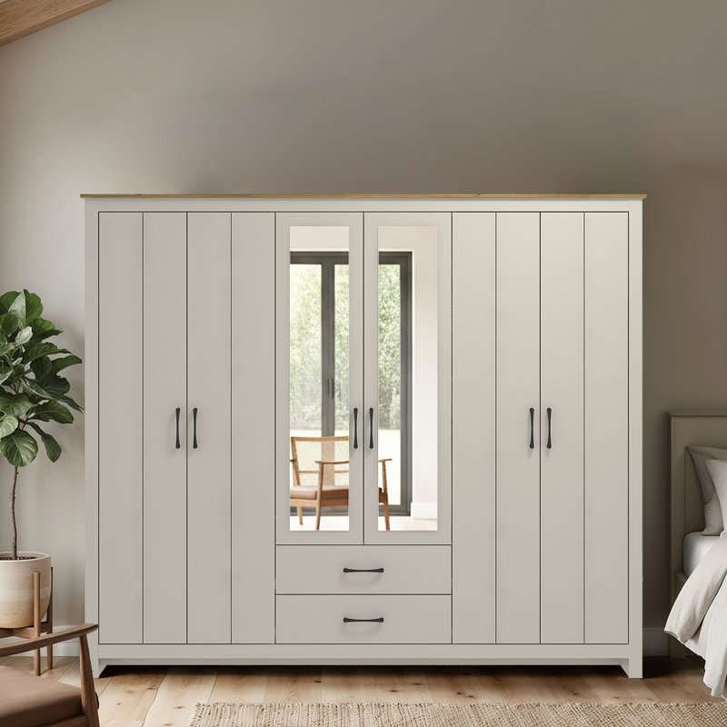 Limestone Alezae 6 Door 2 Drawer Wardrobe with Mirror, Light Grey