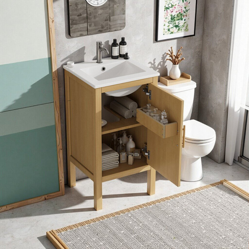 Meuble-lavabo simple avec lavabo en céramique, tablette ouverte, 2 tiroirs