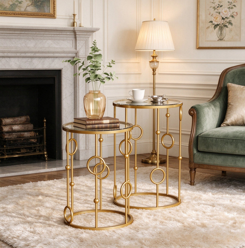 Chic Gold Nesting Side Table Set, Tempered Glass Top Metal End Tables Multi-scene Home Furniture
