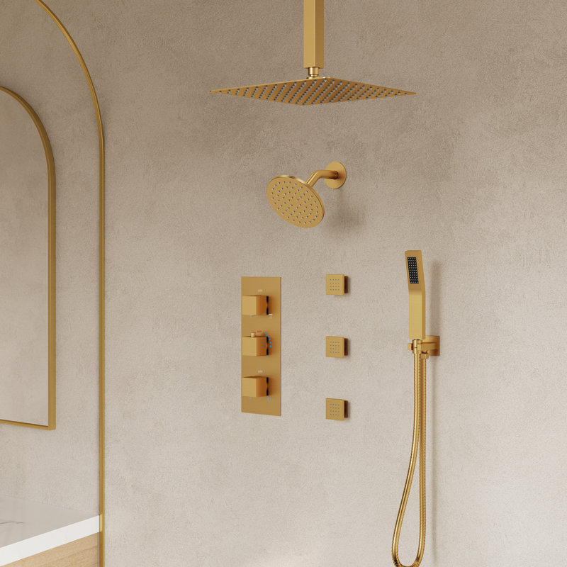 Thermostatic Dual Showerheads System, Ceiling Mount 12" High-Pressure Rainfall Shower Faucet with Handheld Spray and Body Jet
