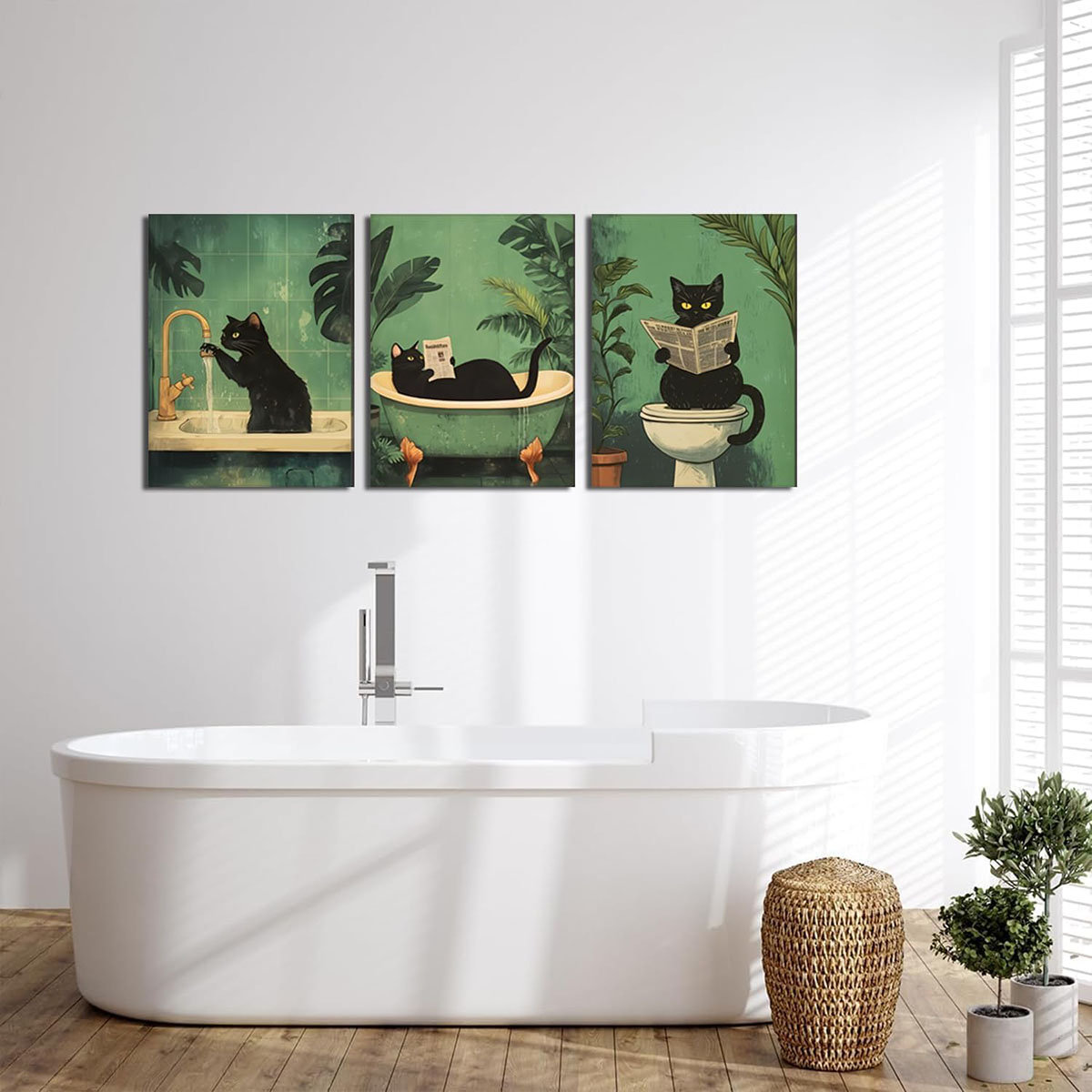 Bloomsbury Market Funny Bathroom Black Cat Wall Art Set Of 3, Whimsical ...