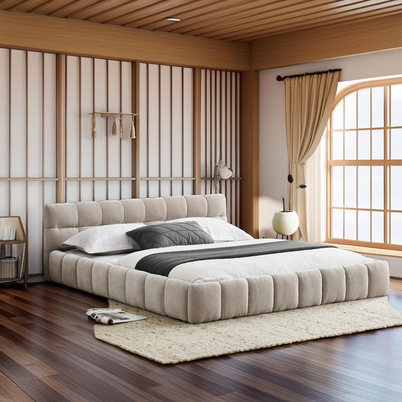 Structure de lit tapissier moderne et confortable en chenille épaisse, Beige