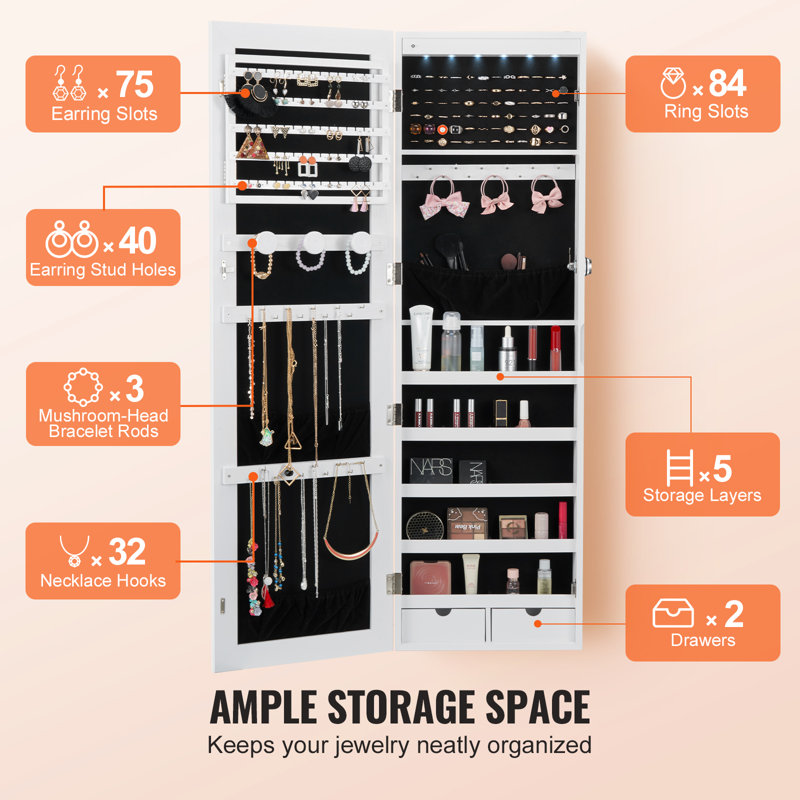 Armoire à bijoux avec miroir verrouillable 47,05 po, Blanc