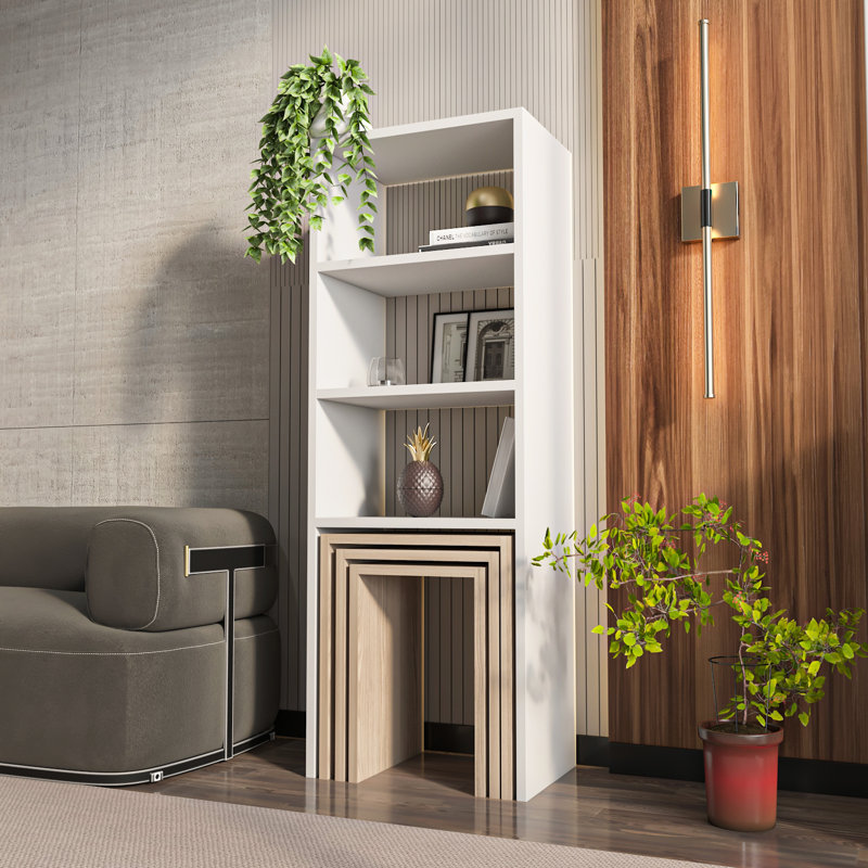 Melo 120 cm Modern Bookcase with 3-Piece Nesting Table Set, Cordoba