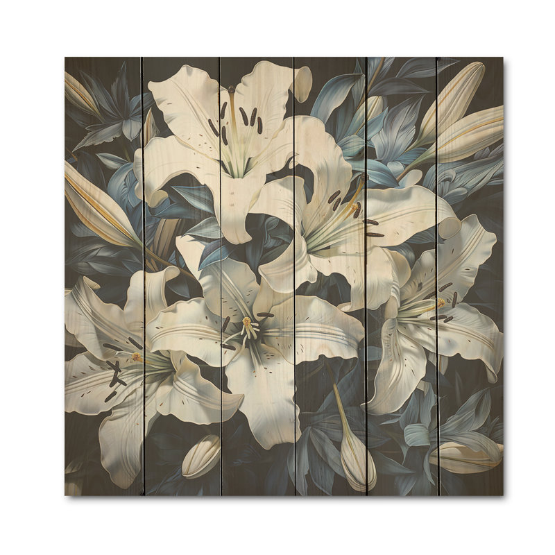 Charme de lis blanc et bleu - lys, art mural sur bois de pin naturel, H 36 po x l 36 po