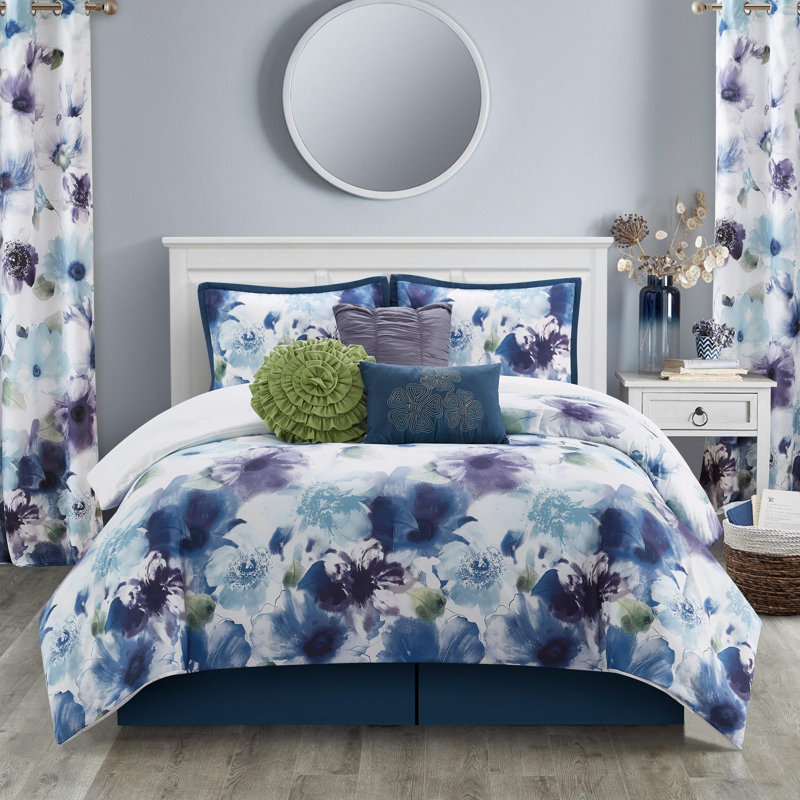 Ensemble d'édredon floral bleu et mauve 9 pièces Eyla, Très grand