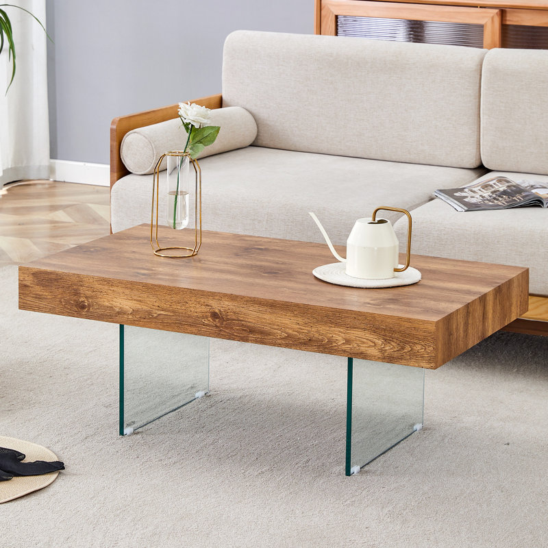  Table basse rectangulaire en bois aggloméré avec pieds en verre, finition naturelle de 39,3 po x 21,6 po, chêne