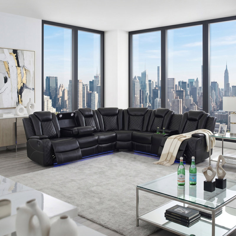 Verona Black Vegan Leather 3-Piece Living Room Sectional Recliner Sofa