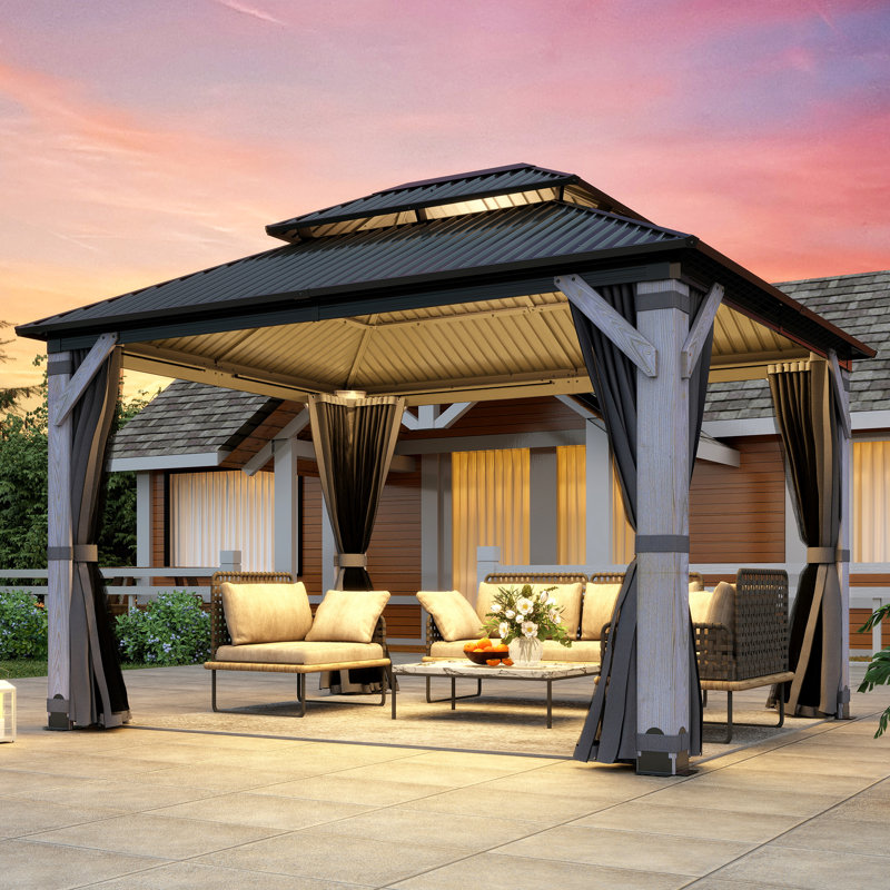 Gartoo 10 ft. W x 12 ft. D Outdoor Wood Gazebo, Hardtop Gazebo Permanent Cedar Wooden Gazebo with Galvanized Steel Double Roof, for Patio, Garden, Deck