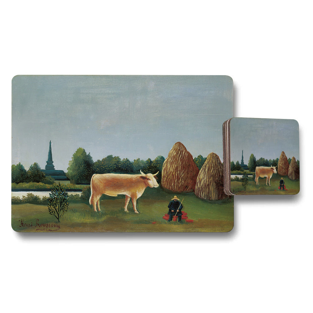 Rustic Cow And Haystacks Placemats And Coasters Set
