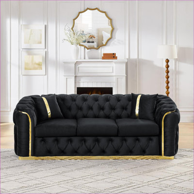 Canapés-lits, Chesterfield moderne à 3 places 90,6 pouces avec accents dorés, capitonné pour le salon | Noir | Velours