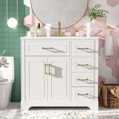 Meuble-lavabo de luxe 36 po avec lavabo en céramique, portes à fermeture douce, 4 tiroirs à fermeture douce et durable, 1 tablette réglable, structure moderne en bois massif