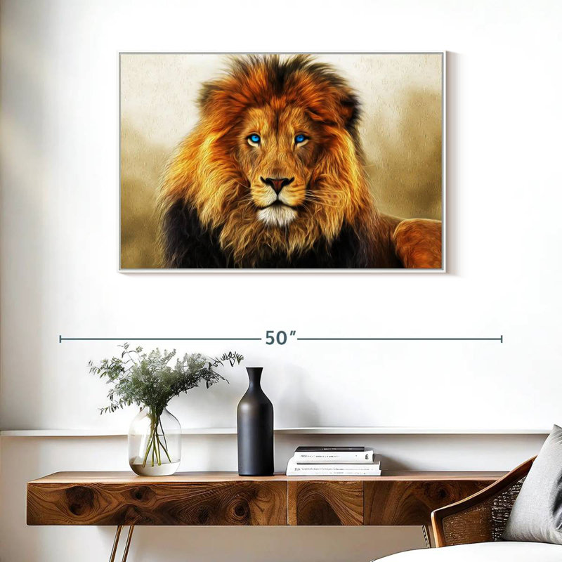 Lion aux yeux bleus, Cadre flottant blanc, 37 po x 25 po