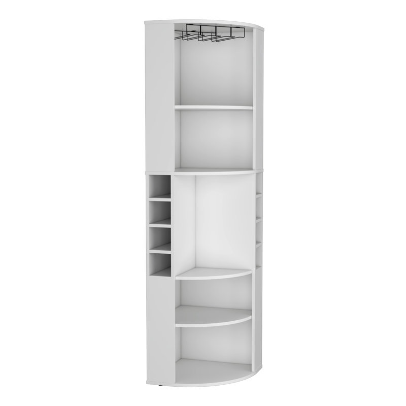 Corner Bar Cabinet With Five Shelves , Eight Bottle Cubbies, White