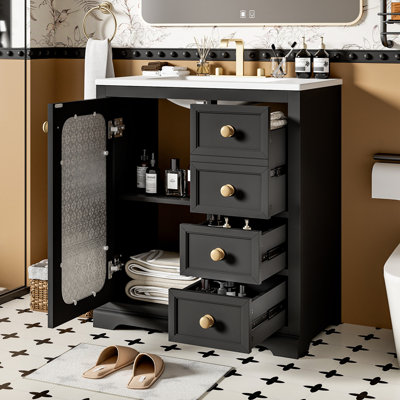 Meuble-lavabo 30 po avec porte en verre à fermeture en douceur, tablettes réglables et trois tiroirs