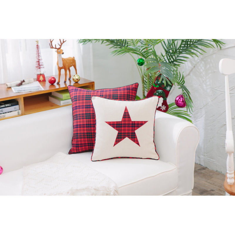  Housse de coussin carré en coton, 24 po x 24 po, Polyester/ Bourre en polyester, Carreaux bleu marine
