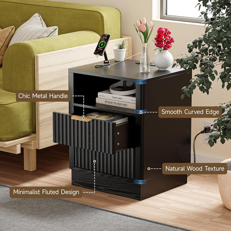 Ensemble de 2 tables de chevet avec station de charge, table de chevet cannelée avec tiroirs et tablette, noir