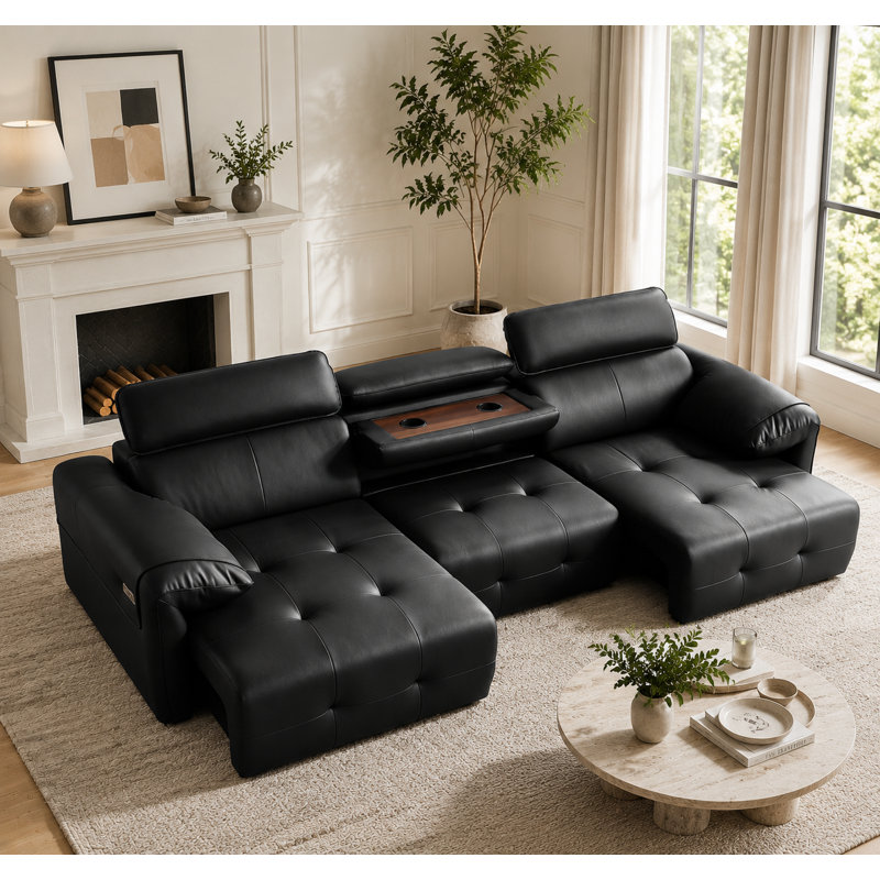 3-Seater Oversized Power Recliner Sofa With Adustable Headrest, Modular Cloud Sectional Couch With Console Table, Charging, Cup Holder