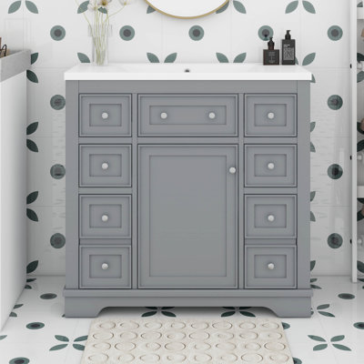36" Bathroom Vanity Without Sink, Base Only, One Cabinets And Six Drawers, Solid Wood Set Frame With Adjustable Shelf