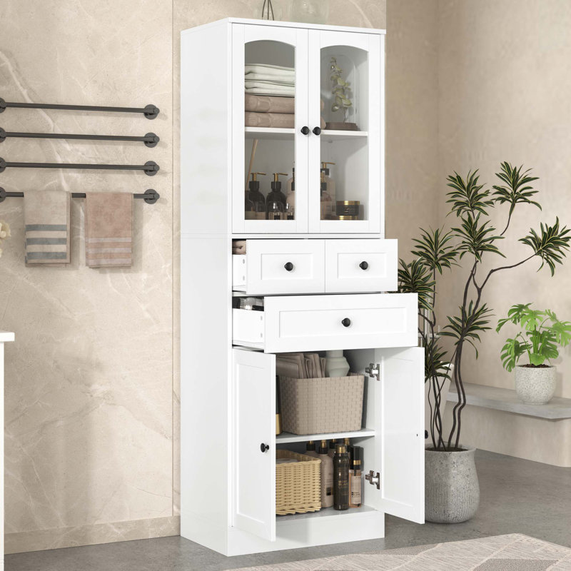 Armoire de rangement autoportante pour salle de bain avec tablette réglable, tiroirs et armoires, Blanc