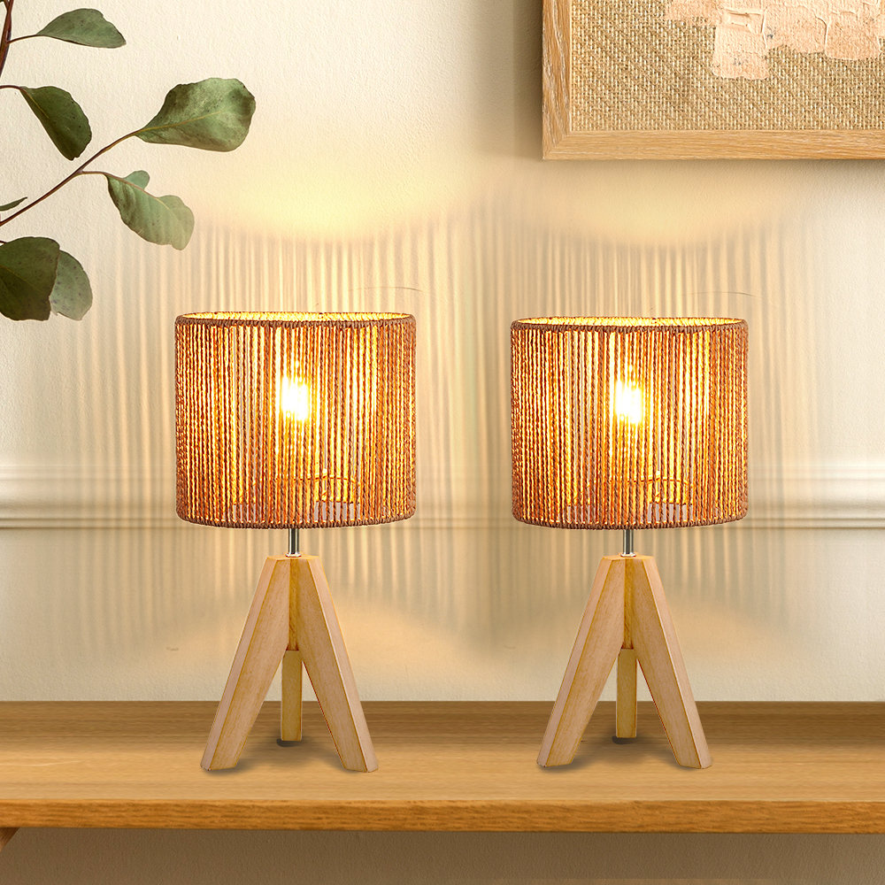 Aurion 14.2" Solid Wood Tripod Table Lamp With Rattan Shade (Set of 2) Bay Isle Home™
