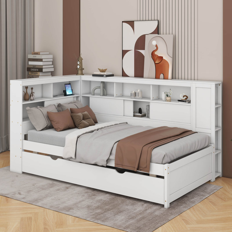 Lit de jour simple en bois avec tablettes, USB et lit gigogne, Blanc
