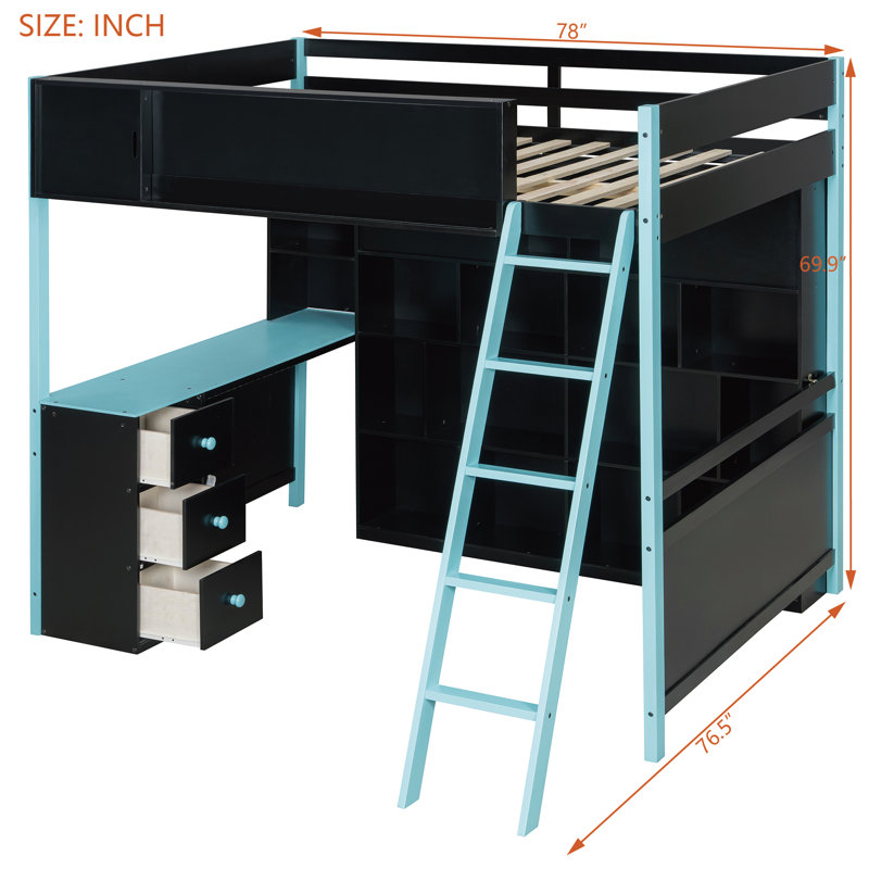 Full-Size Wood Loft Bed with Desk, Storage Shelves & 7-Color LED Light for Gaming & Study, Blue, Blue