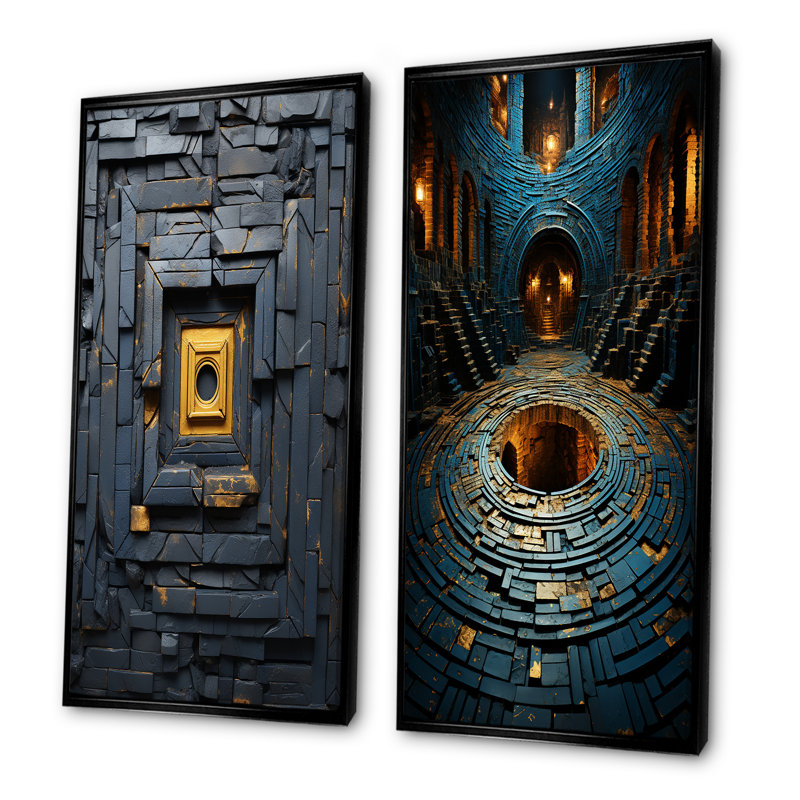 Ancienne pierre Maya Labyrinth II - ensemble de 2 reproductions d'art sur toile abstraites, Cadre flottant noir