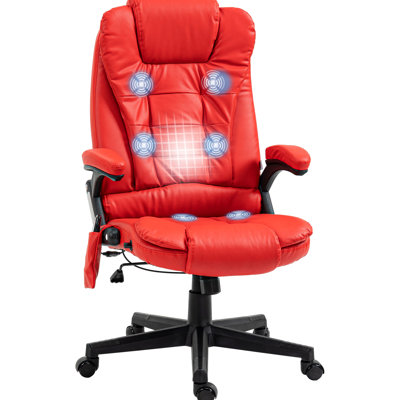 Fauteuil de bureau massant et vibrant en similicuir rouge avec fonction chauffante et inclinable, 6 points de réglage, housse incluse