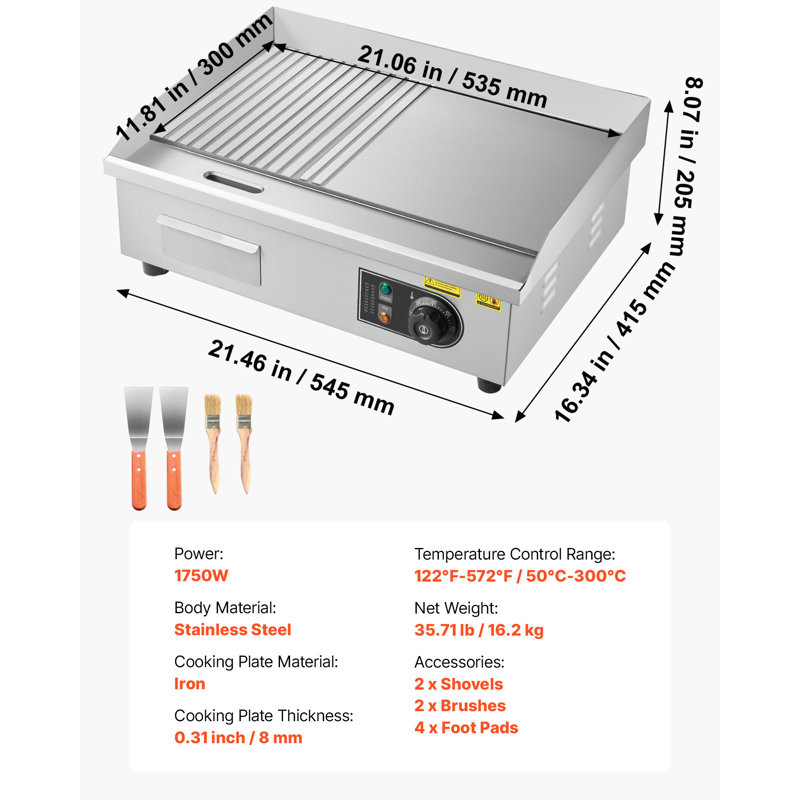 Commercial Electric Griddle, 21.06 x 11.81 inch, 1750W, 122-570°F Adjustable Temp Control, Stainless Steel Body, Half Grooved Half Flat, with 2 Spatulas, 2 Brushes, and 4 Foot Pads, for Steak