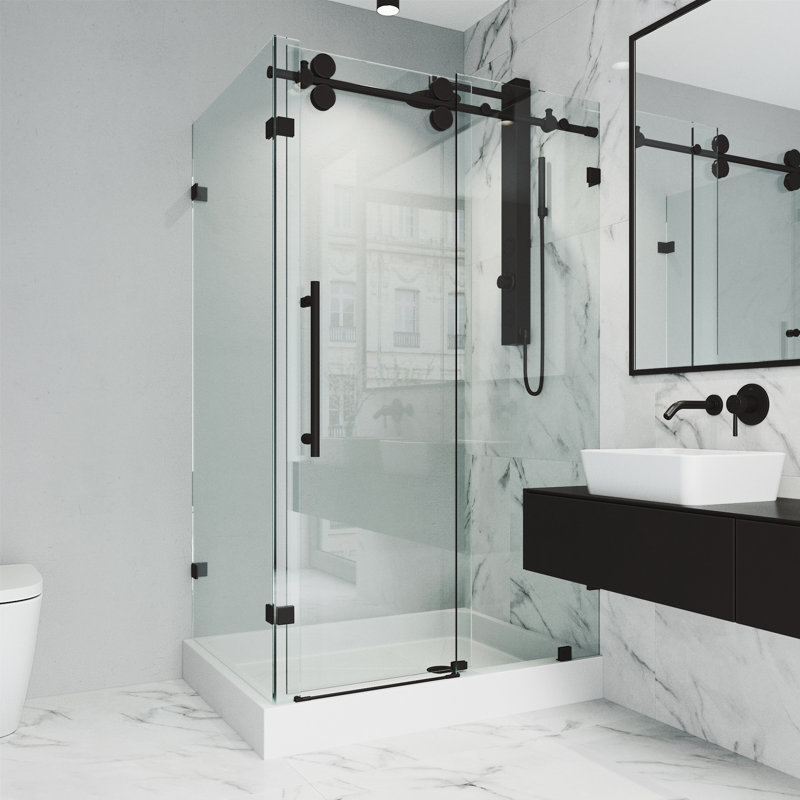 Winslow 48" W x 36" D x 80" H Sliding Frameless Shower Enclosure with 3/8  Clear Glass&Base, Right, Matte Black