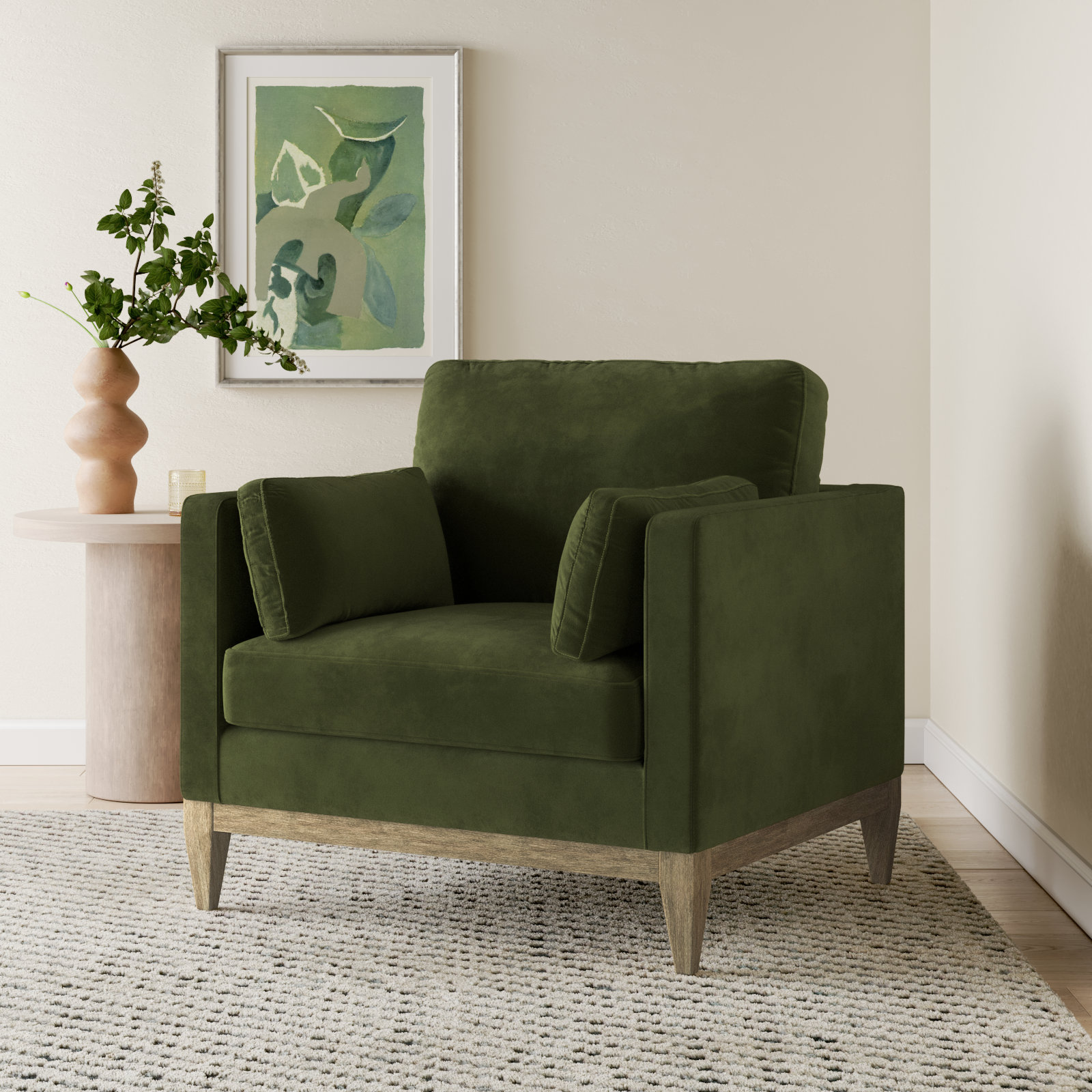 Pera Pine Armchair, Olive Green Velvet