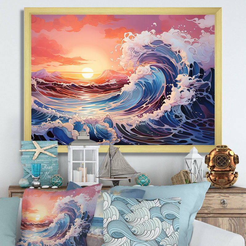 Japon, vague de lever de soleil Kanagawa I - décoration murale océan, H 34 po x l 44 po x P 1,5 po, Cadre photo doré simple